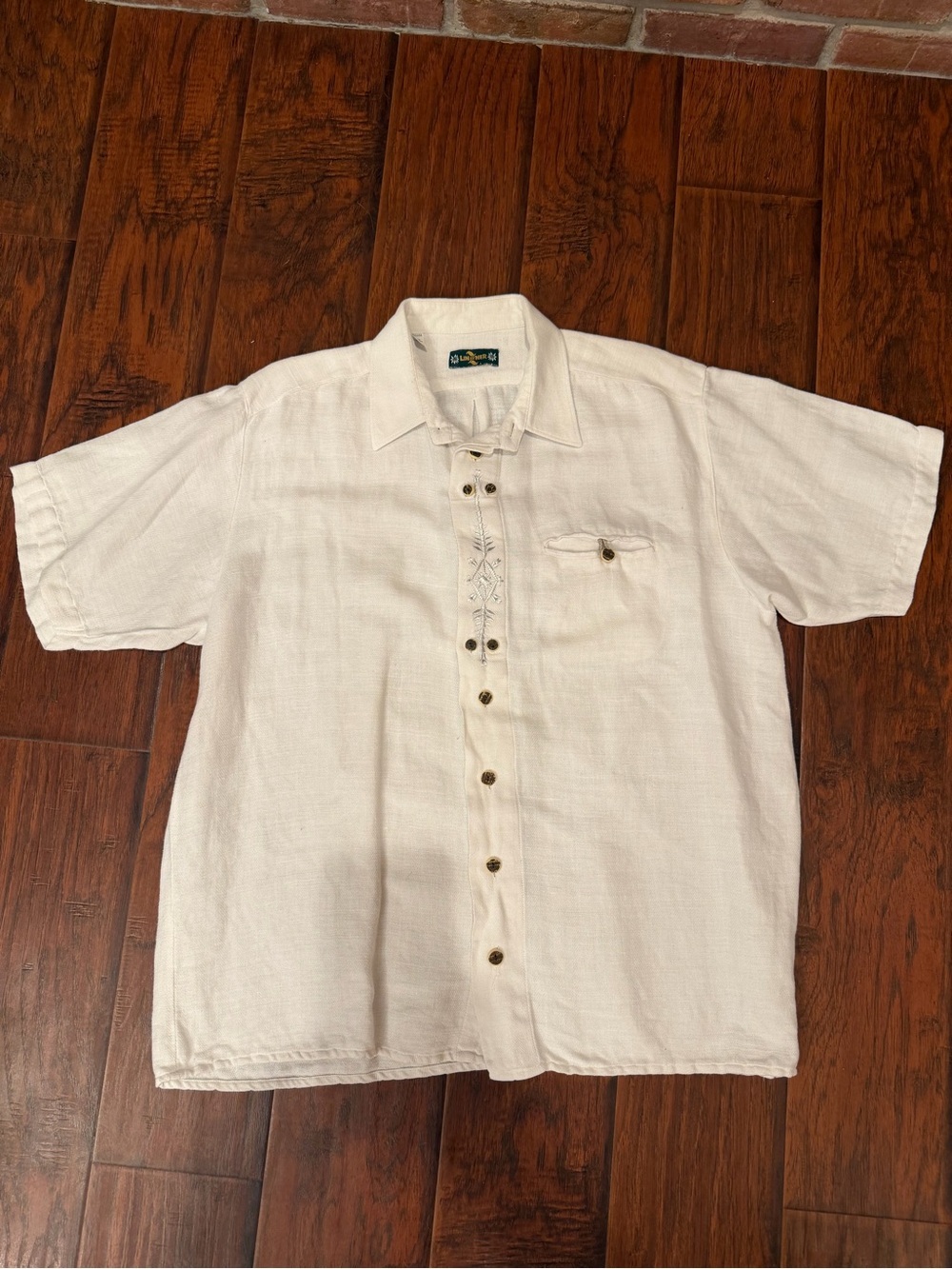 Linzner Men’s XL Linen Cotton Blend Shirt – White Embroidered Guayabera Style